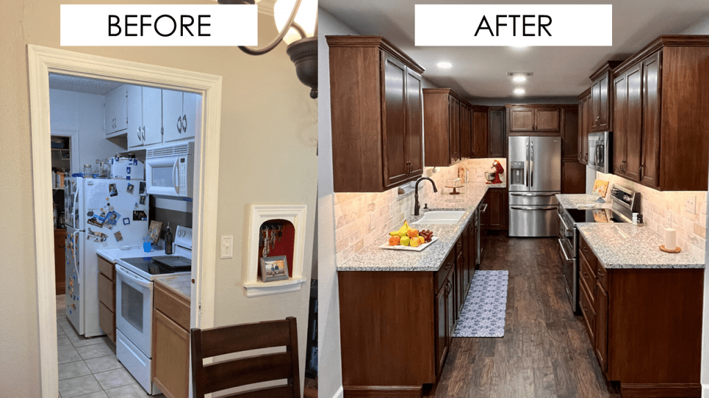 Before and after image. The before shows a dated kitchen, with white appliances, white upper cabinets, light brown lower cabinets. It is a very small kitchen with tiled countertops on a cabinet and laminate countertops on another cabinet. The floor is tiled in a brown, beige, cream color combination. There is a narrow entryway into the kitchen with an old home phone station built into the wall. There is another narrow entryway at the back of the kitchen leading to more of the house.
The after image shows an updated traditional interior design style with transitional touches, galley kitchen with dark wood stained cabinets, light cream granite countertops, a cream earthy stone tiled backsplash, dark wood floors, and stainless steel appliances. The kitchen is open to the house without narrow entryways. There is fresh fruit on the counter, a white porcelain sink, a cake stand and KitchenAid mixer on the counter past the sink. 