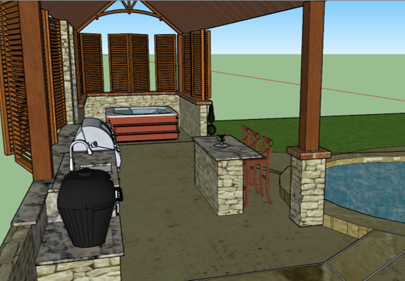 3D Rendering of an outdoor kitchen showing the back of the covered area. The outdoor kitchen is on the left side, with a natural stone base and cream colored granite countertops. There is a hot tub at the back along with wooden shutters for privacy or protection from the elements. There is a stone based island with the cream color granite countertops which over hangs on the right side of the island allowing for knee space for the 2 wooden bar stools. The pool can be glimpsed in the far right side of the image behind the island.