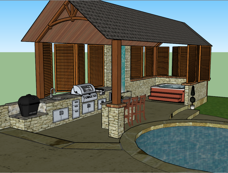 3D Rendering of a medium close-up showing the peaked end of the roof, complete with a decorative king post truss. There is wooden columns supporting the roof that have natural stone wrapped around the base of the columns. There is an outdoor kitchen designed with natural cream stone, stainless steel appliances. There is wooden shutters around the left side and back of structure for privacy and to block the elements. A tall water feature design has been implemented just past the outdoor kitchen. At the back of the space is a hot tub. Across from the kitchen area is an island with 2 wooden bar stools. Behind the island is the pool.
