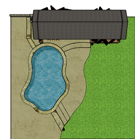 3D Rendering from a top down view. Custom exterior design with a pool, a sidewalk around the front of the pool that follows its contours. Next to the pool there is a pitched roof.