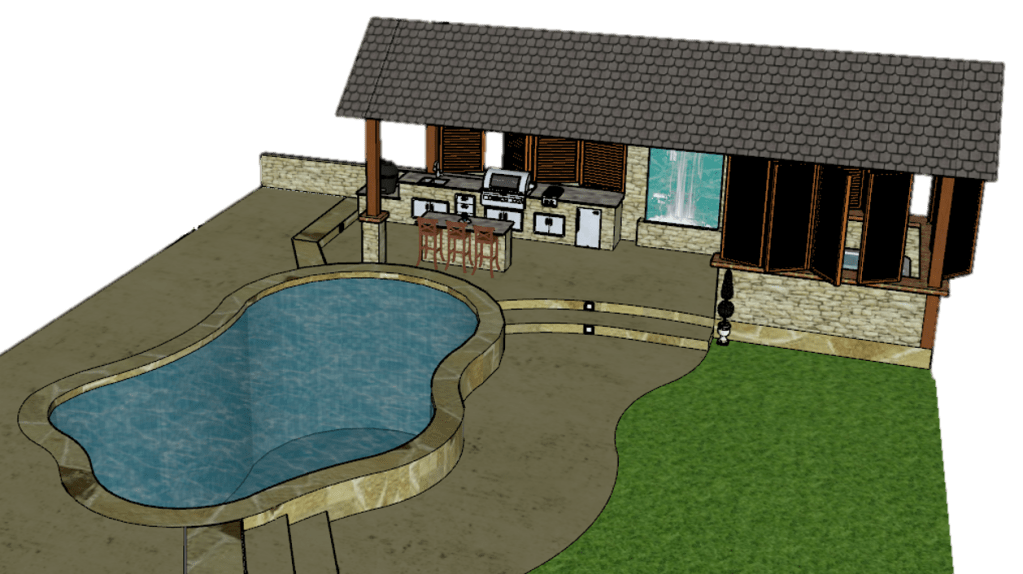 3D Rendering of a zoomed out outdoor kitchen design with covered roof. There is a workspace that includes grills, storage drawers, a fridge, and a sink. There is a tall water feature and an island. Behind the island is a large curved pool.
