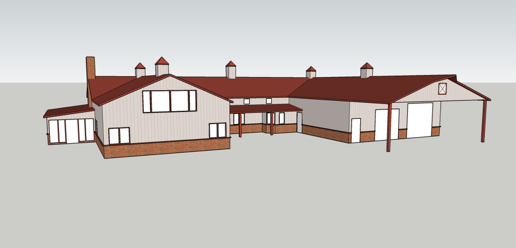 3D Rendering of the barndominium showing the front at an angle pulling the left wing of the structure more into view. On the far left toward the back of the house is a 1 level sunroom with floor to ceiling windows flanking a glass entry door. There is a chimney between the sunroom and the main 2 story structure centered on the roof peak. The left has a peaked roof with 3 large windows under the peak on the 2nd floor, flanked by 2 windows on each side on the 1st floor. There is 2 cupulas along the ridge of the rust colored roof peak. The structure turns at the back to the right. There is a porch roof extending between the left and right wings of the structure. There windows along the 1st floor and 2 small windows on the 2nd floor above the porch roof. There is a cupula centered in the middle section along the roof ridge connecting the two wings. The right wing extends past the left wing. On its end face it has a man door on the left, then a tall shop door, with an even taller shop door to its right. There is hay door centered under the peak of the roof, with 2 cupulas along the roof ridge. The roof also extends past the structure on the right to create a porch. The sides of the structure a cream-gray color with a rust brown skirting.