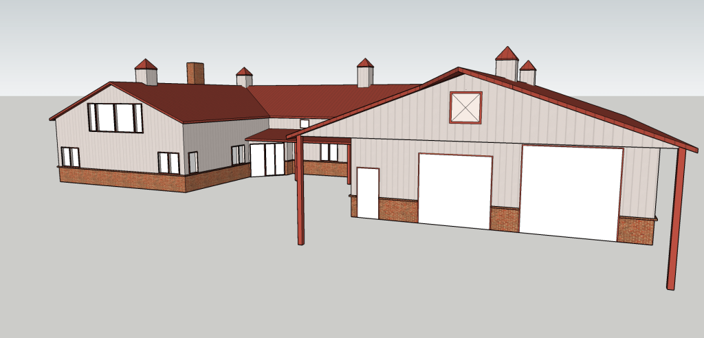 3D Rendering of the barndominium showing the front at an angle pulling the right wing of the structure more into view. The left has a peaked roof with 3 large windows under the peak on the 2nd floor, flanked by 2 windows on each side on the 1st floor. There is 2 cupulas along the ridge of the rust colored roof peak. A chimney is visible between the 2 cupulas but toward the back. The structure turns at the back to the right with an angled connection. On the angled wall there is tall windows flanking a man door which is covered by a porch roof extending between the left and right wings of the structure. There is 2 windows along the 1st floor and 1 small window on the 2nd floor above the porch roof. There is a cupula centered in the middle section along the roof ridge connecting the two wings. The right wing extends past the left wing. On its end face it has a man door on the left, then a tall shop door, with an even taller shop door to its right. There is hay door centered under the peak of the roof, with 2 cupulas along the roof ridge. The roof also extends past the structure on the right to create a porch. The sides of the structure a cream-gray color with a rust brown skirting.
