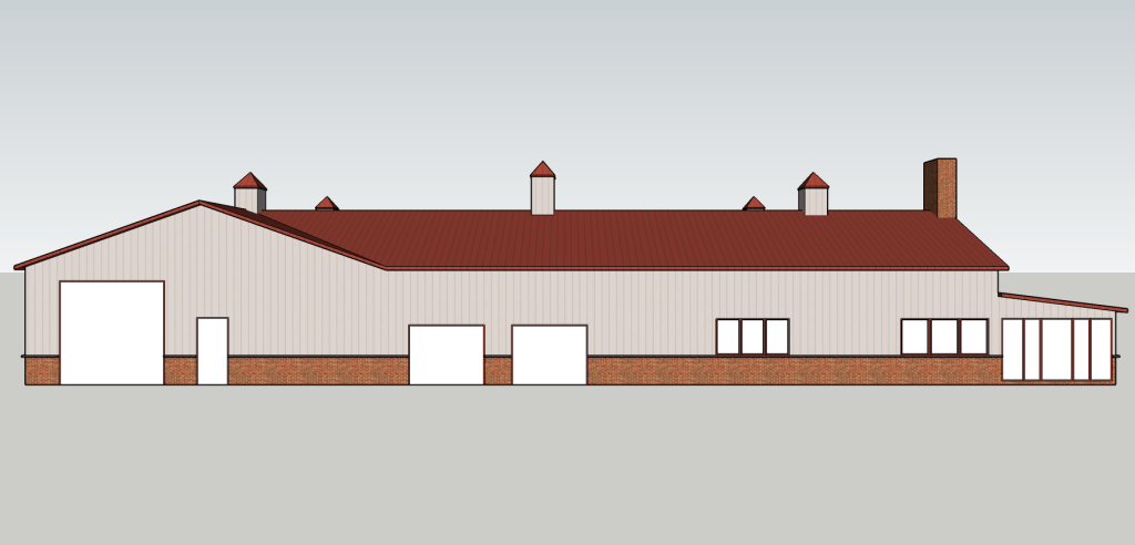 3D Rendering of the backside of the barndominium. On the left there is a tall shop door, a man door, then in the middle 2 garage doors, further down the right is 3 windows, then another 3 windows. On the far right is full floor to celling windows on a smaller attached room to the main structure. The walls are cream-gray color with a rust brown skirting. There is 3 cupulas visible at the back with 2 more cupula peaks barely visible. There is a chimney on the right side of the structure and a peak off centered from the shop door.
