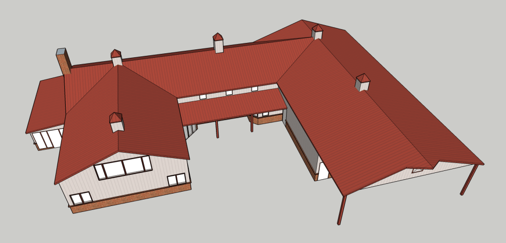 3D Rendering of a Barndominium that was custom designed for a specific client. It is a bird's eye view showing a rust colored roof in a asymmetrical u-shape design. There is 5 cupulas, 2 on the left, 1 in the middle, and 2 on the right. There is a chimney towards the back left of the structure. The sides of the building are a cream-gray color with a rust brown colored skirting,