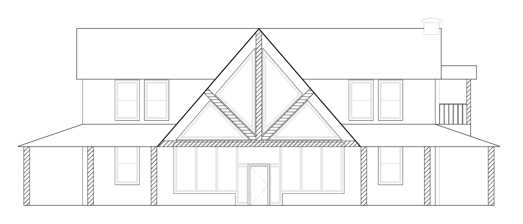 Drafted elevation of a custom designed home. It has rustic design elements including beams across the front porch that help support a tall gable. There is large windows everywhere. On the right side of the house is a covered balcony.